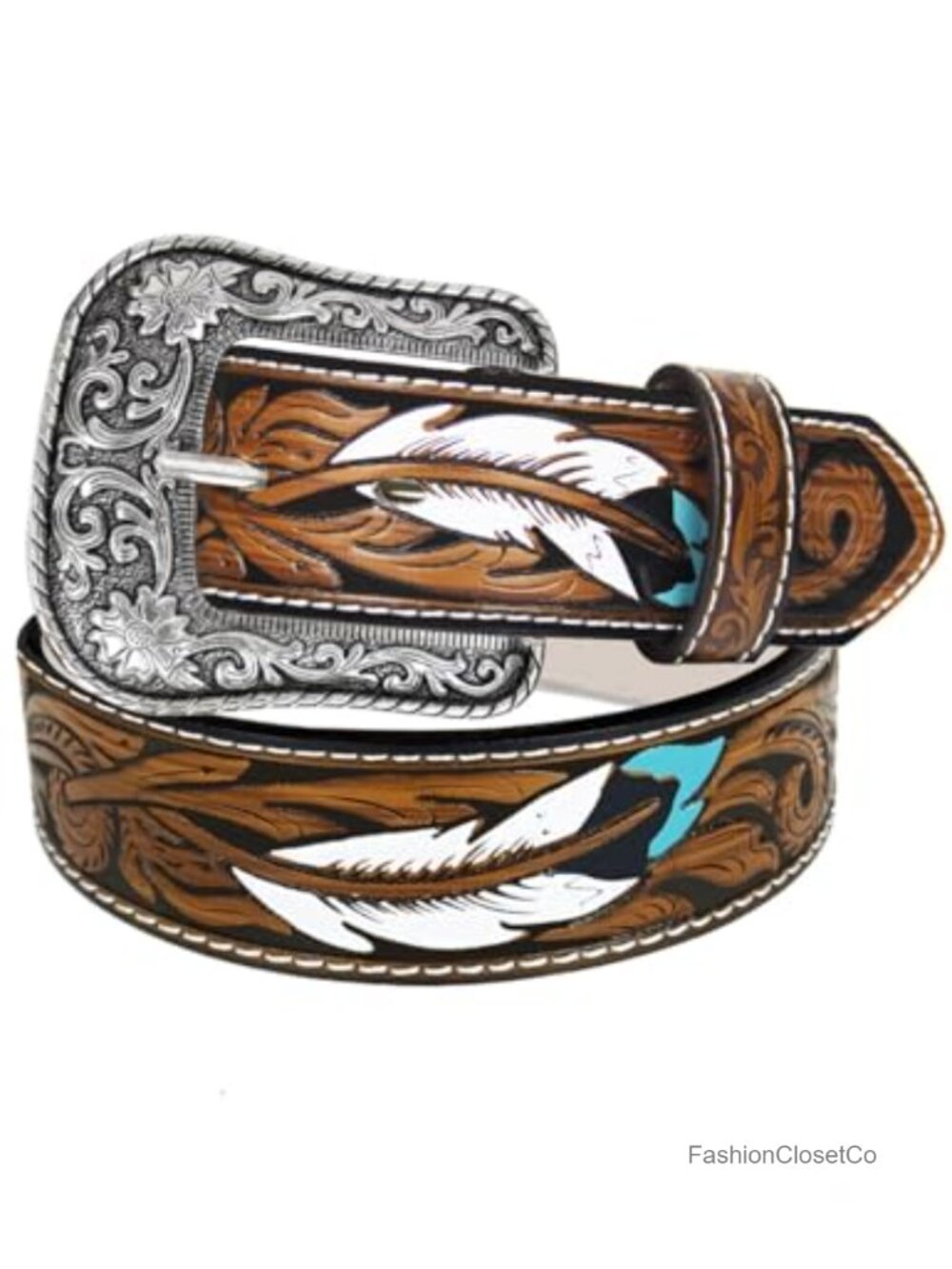 Western Belt Removable Silver Buckle Feather Detailing